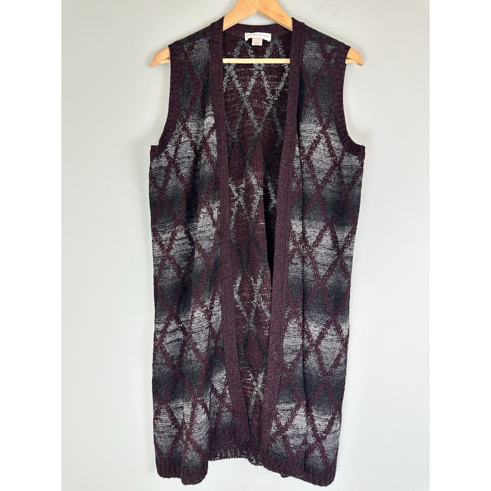 Christopher & Banks Argyle Open Front Cardigan Vest Size Large Artsy Boho Mature